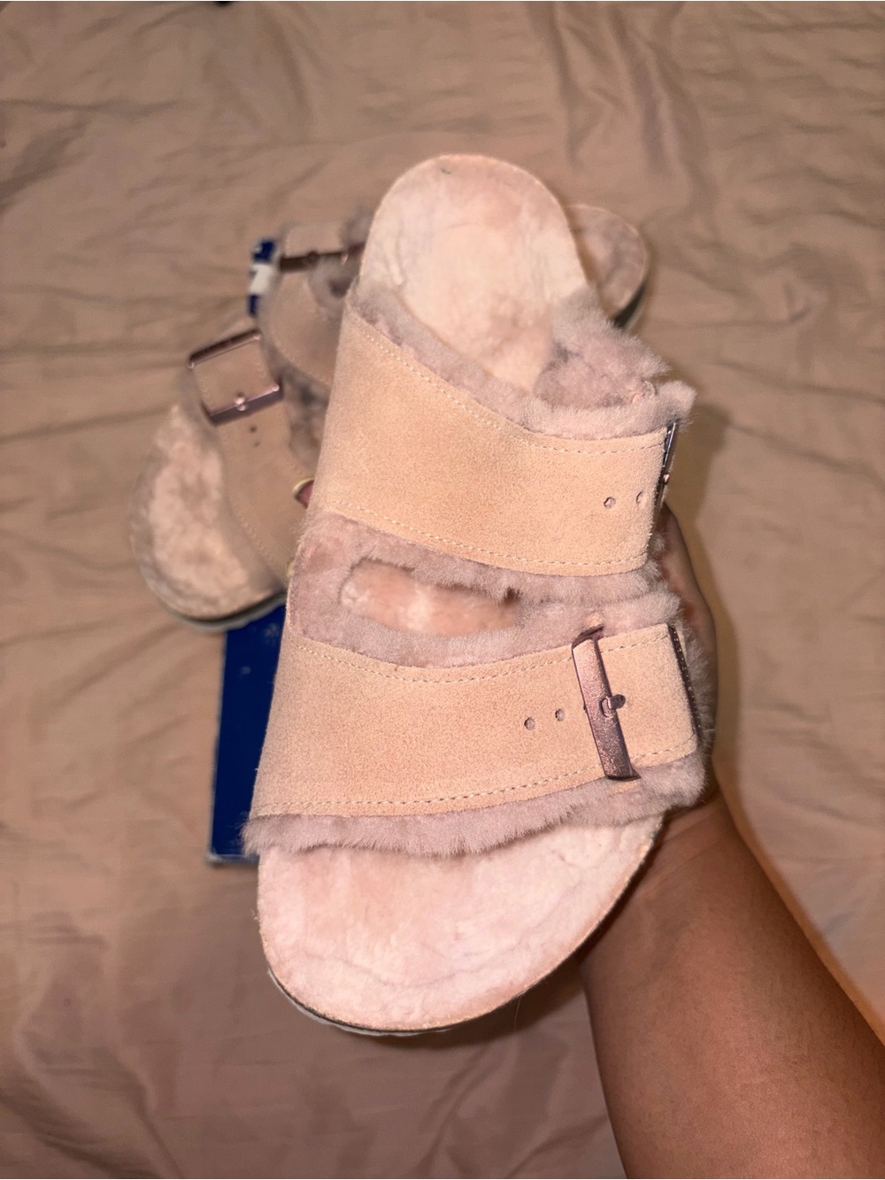 Birkenstock Dual-Strap Shearling Slide Sandals - Blush Pink